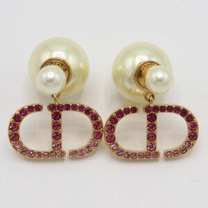 Dior Earrings Faux Pearl Rhinestone Pink